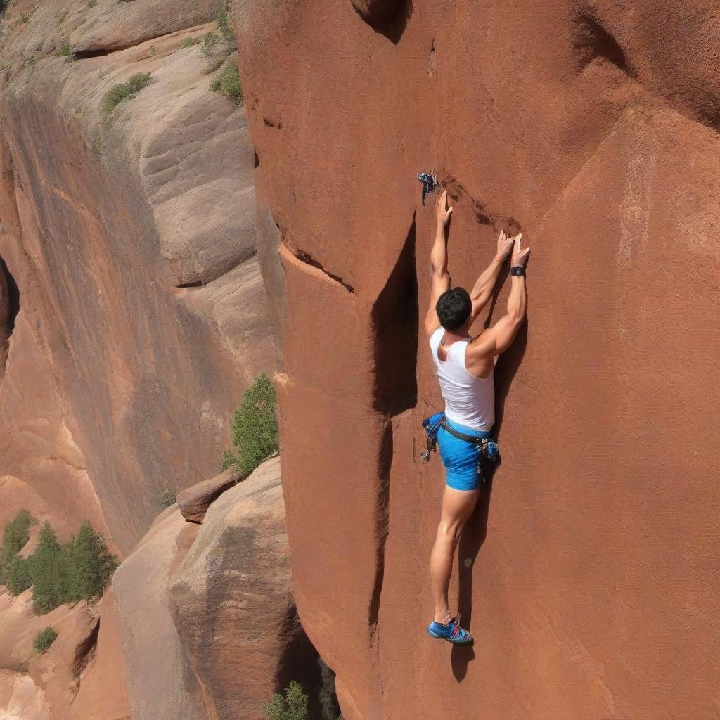  In the picture you can show how climbing overcomes difficulties, an image of climolala, his face is tense and sweaty, he slowly but persistently climbs up the rock