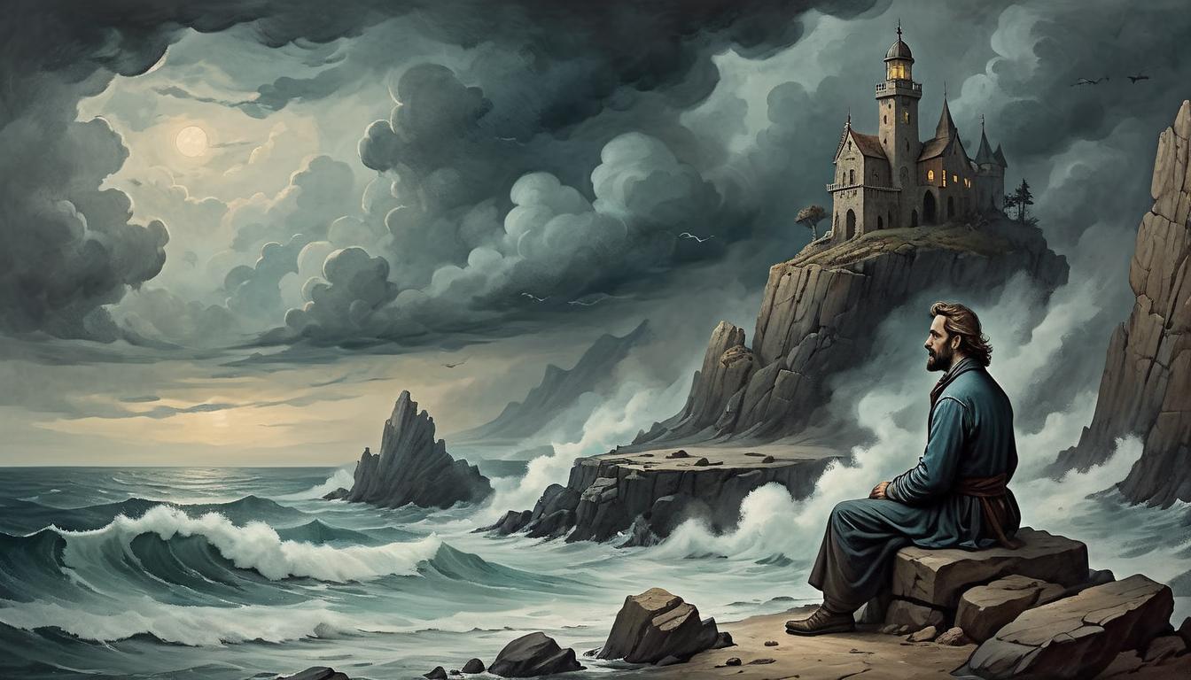  on parchment, surrealism+++, figure seated on a rocky shore, gazing at the sea, questioning self worth, stormy skies, sea of doubts, melancholic and introspective mood(mysterious, provocative, symbolic,muted color)+++