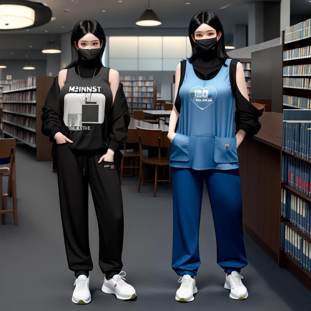  masterpiece, best quality, tank top,light smile,one scientist girl,best quality,full body,hand in pocket,library,medium hair,black hair,sneakers, height 155 cm, weight 50 kg, medium body, black hair, medium hair, long loose pants