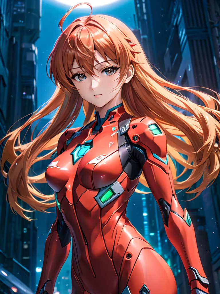  (best quality, masterpiece, colorful, highest detailed) upper body photo, fashion photography of cute (Asuka Langley), in high detailed textured Evangelion red plugsuit, (ultra detailed body), (light smile:0.3), moonlight passing through hair, (colorful background:1.3), (intricate details), (dynamic angle) hyperrealistic, full body, detailed clothing, highly detailed, cinematic lighting, stunningly beautiful, intricate, sharp focus, f/1. 8, 85mm, (centered image composition), (professionally color graded), ((bright soft diffused light)), volumetric fog, trending on instagram, trending on tumblr, HDR 4K, 8K