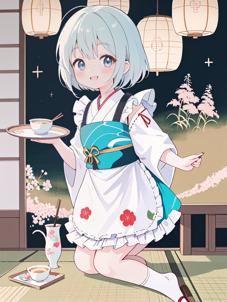  Japanese Painting Style, FRILL APRON, BARE SHOULDER, CARRY A TRAY, HAPPY SMILE, Japanese Cafe, Best Quality: 1.4, ULTRA DETALED EXTURE, Raw PhotOREALISTIC, Absurd Resolution, 8k Illustration, 💩, 💩, 💩, 💩, 💩, 💩,, masterpiece, best quality,8k,ultra detailed,high resolution,an extremely delicate and beautiful,hyper detail