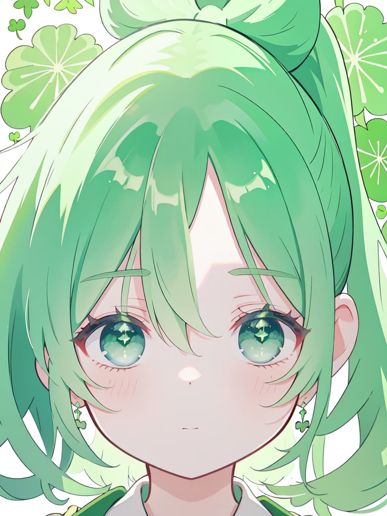  Three leaf clover, ponytail, green hair, masterpiece, best quality,8k,ultra detailed,high resolution,an extremely delicate and beautiful,hyper detail