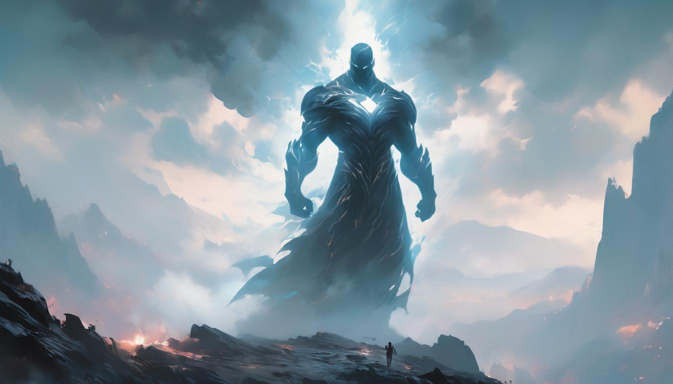  hyperrealism,fantasy aestheticA solitary figure, standing amidst swirling fog on a mountaintop, sharp silhouette against the backdrop, unshaken by external forces, high tech clothing clad in sleek, futuristic costume with metallic accents and form fitting designs, marvel superhero comics style, unreal engine rendering