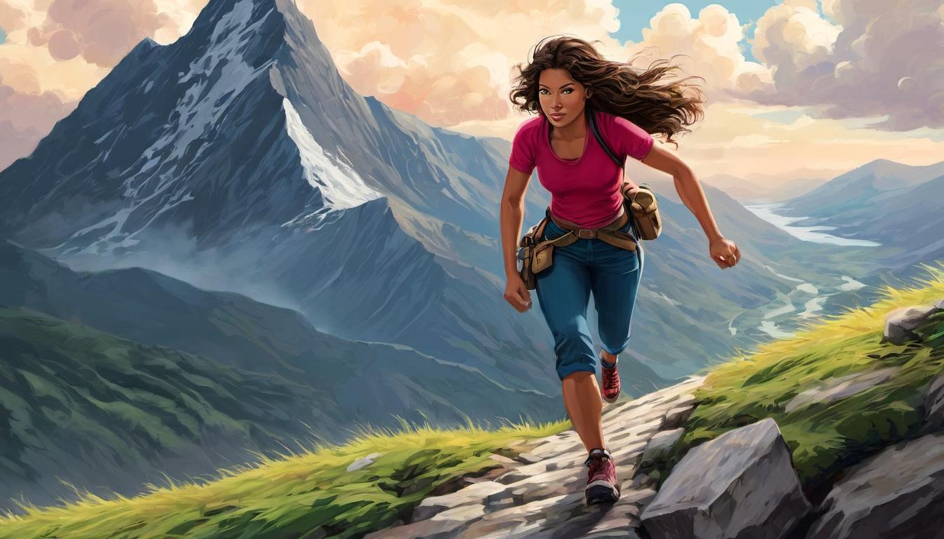  digital illustration, 1woman, climbing a steep hill, rough path, determined stance, reaching peaks, building resilience, teaching, climbing, perseverance, strength, looking at viewer, dynamic pose, (intricate details, masterpiece, best quality)