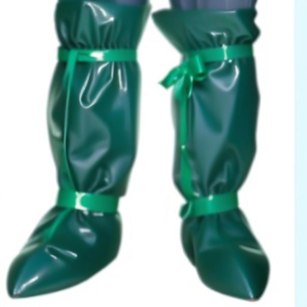  on the legs: trousers tucked into high surgical shoe covers, knee high, with ribbon ties, made of glossy latex, the lower part of the shoe cover, covers the foot, from the sole to the ankle, color dark green, the upper part of the shoe cover, fits the calves, from the ankle knee length, dark blue hyperrealistic, full body, detailed clothing, highly detailed, cinematic lighting, stunningly beautiful, intricate, sharp focus, f/1. 8, 85mm, (centered image composition), (professionally color graded), ((bright soft diffused light)), volumetric fog, trending on instagram, trending on tumblr, HDR 4K, 8K