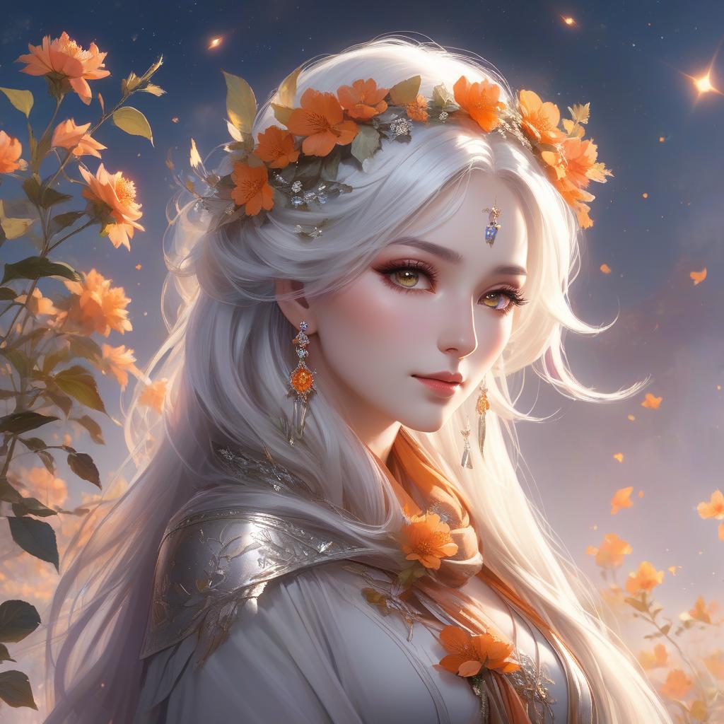  concept art A portrait of a woman with silver hair adorned with orange flowers and leaves, exuding an ethereal and mystical aura. The artwork captures a whimsical with a serene demeanor, pale complexion, and silver white hair adorned with a colorful floral wreath. Her soft facial features exude tranquility, complemented by a scarf that mimics layers of foliage and is accented with flowers. A unique erfly shaped extends from her shoulder, blending with her attire. The scene is ed in the gentle glow of a crescent moon, casting a warm light against the night sky, creating an enchanting, naturalistic tableau. . digital artwork, ilrative, painterly, matte painting, highly detailed hyperrealistic, full body, detailed clothing, highly detailed, cinematic lighting, stunningly beautiful, intricate, sharp focus, f/1. 8, 85mm, (centered image composition), (professionally color graded), ((bright soft diffused light)), volumetric fog, trending on instagram, trending on tumblr, HDR 4K, 8K