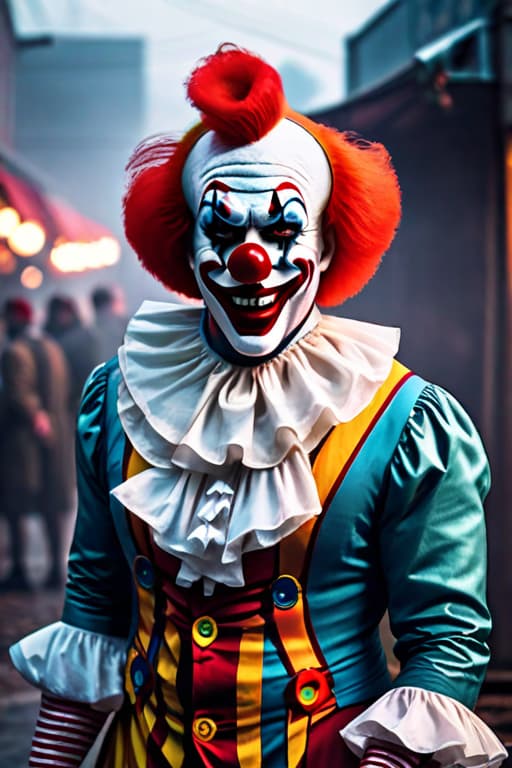  Evil clown, glasses, hyperrealistic, full body, detailed clothing, highly detailed, cinematic lighting, stunningly beautiful, intricate, sharp focus, f/1. 8, 85mm, (centered image composition), (professionally color graded), ((bright soft diffused light)), volumetric fog, trending on instagram, trending on tumblr, HDR 4K, 8K