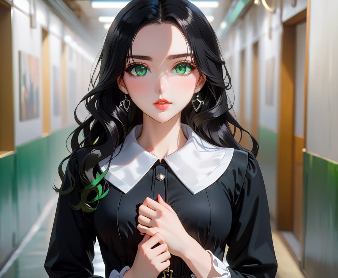  anime artwork beautiful , , green eyes, long black wavy hair, slender figure, small neat s, dressed in a black dress with a white collar and white cuffs, full length, against the backdrop of a modern city. (photorealism, oil painting: 1.3), (full length shot: 1.3), mesmerizing , long flowing black hair, (large sensual mouth: 1.2), plump lips, sparkling emerald eyes, narrow waist, (sensual figure: 1,2), silvery glow, ethereal aura, detailed brushwork, intricate shadows and highlights, mysterious and captivating expression, unique color palette, masterful use of light and shadow, captivating atmosphere, raw emotion, intense gaze, dynamic composition . . anime style, key visual, vint, studio anime, highly d hyperrealistic, full body, detailed clothing, highly detailed, cinematic lighting, stunningly beautiful, intricate, sharp focus, f/1. 8, 85mm, (centered image composition), (professionally color graded), ((bright soft diffused light)), volumetric fog, trending on instagram, trending on tumblr, HDR 4K, 8K