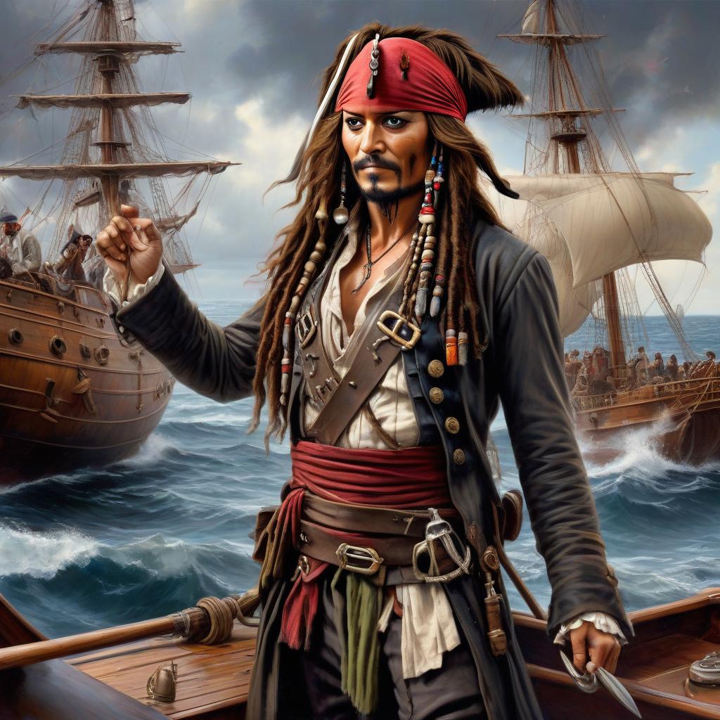  nautical themed (Masterpiece, oil painting: 1.5), canvas, oil, hyperrealistic Captain Jack Sparrow pirate in a triangular sailboat, middle shot, background pirate ship 'Black Pearl', smile on face, long red dreadlocks hair, Captain Jack Sparrow is an excellent captain, focused gaze directed towards the viewer, style of Alex Ross, many small details, splashes of paint, large brushes, perfect composition, sharply defined texture of the canvas and oil, (increased attention to details: 1.5), 8K . sea, ocean, ships, maritime, beach, marine life, highly detailed hyperrealistic, full body, detailed clothing, highly detailed, cinematic lighting, stunningly beautiful, intricate, sharp focus, f/1. 8, 85mm, (centered image composition), (professionally color graded), ((bright soft diffused light)), volumetric fog, trending on instagram, trending on tumblr, HDR 4K, 8K