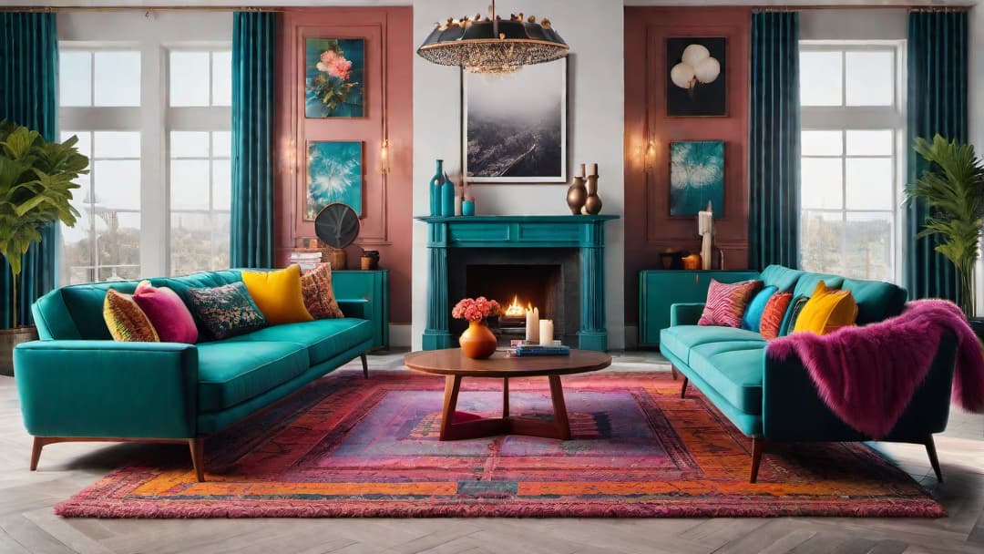  Create an image of a vibrant and eclectic 80s retro living room. The room should feature bold, geometric patterns in various colors, a large plush sofa in a jewel tone, colorful throw pillows, and a shaggy area rug. Include neon art pieces on the walls and vintage knick knacks on shelves. The atmosphere should capture the lively and energetic style of 80s retro home interior designs. hyperrealistic, full body, detailed clothing, highly detailed, cinematic lighting, stunningly beautiful, intricate, sharp focus, f/1. 8, 85mm, (centered image composition), (professionally color graded), ((bright soft diffused light)), volumetric fog, trending on instagram, trending on tumblr, HDR 4K, 8K