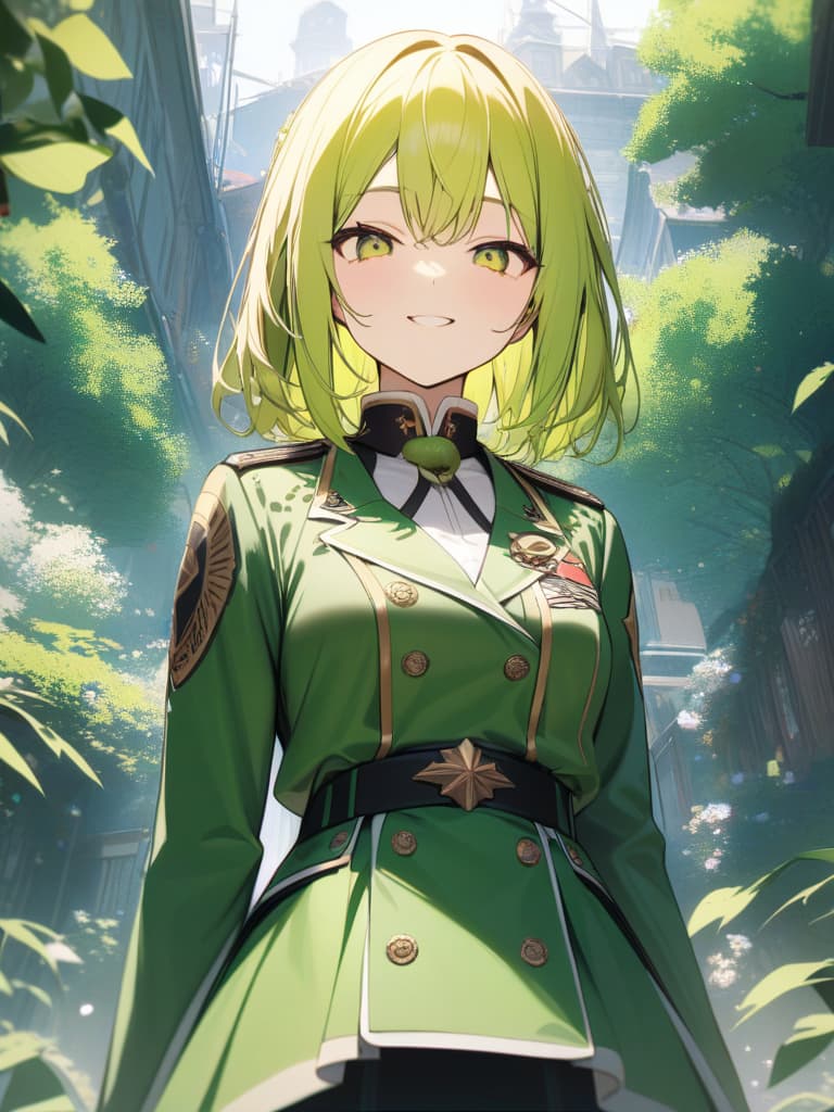  Cute, , yellow green eyes, yellow green hair color, kiwi decoration, kiwi fruit, uniform, smiles, vicinity, white wises, young face, green , tsundere, masterpiece, best quality,8k,ultra detailed,high resolution,an extremely delicate and beautiful,hyper detail