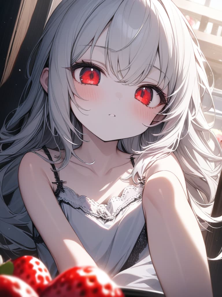  Cute, , white skin, fluffy hair, fruits, white hair, red eyes, young face, long hair, thin eyes, thin body, strawberry, big eyes, , camisole, masterpiece, best quality,8k,ultra detailed,high resolution,an extremely delicate and beautiful,hyper detail