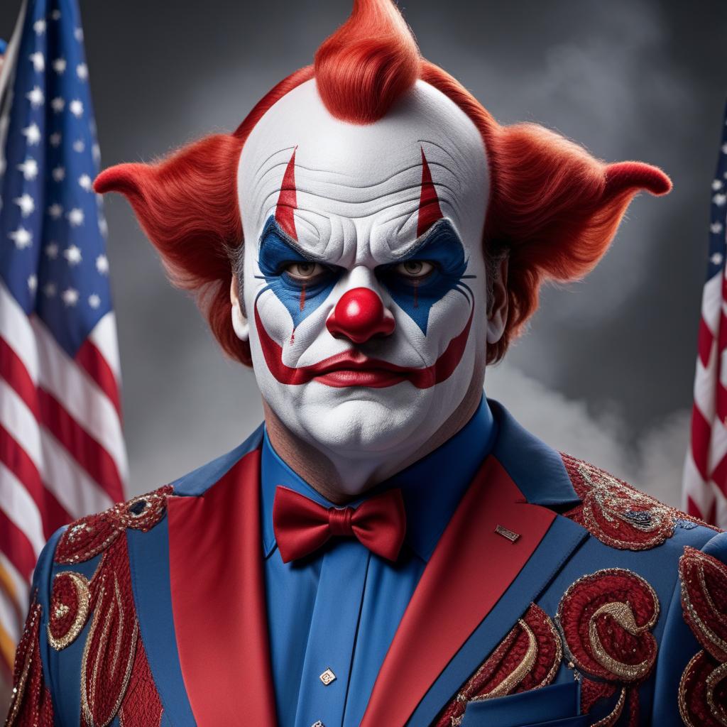  Create an image featuring actor and musician Jack Black in a devil clown costume, with a background that includes a bumbling President Biden and the devil. The image should visually convey the theme of 'patriotism for sale' at the Avocado Festival, with a sense of irony and humor. hyperrealistic, full body, detailed clothing, highly detailed, cinematic lighting, stunningly beautiful, intricate, sharp focus, f/1. 8, 85mm, (centered image composition), (professionally color graded), ((bright soft diffused light)), volumetric fog, trending on instagram, trending on tumblr, HDR 4K, 8K