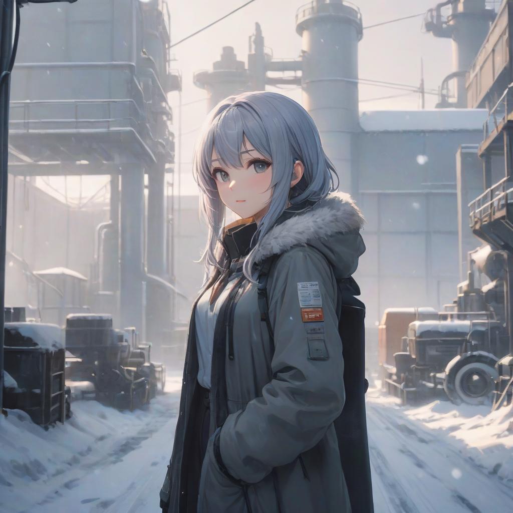  a woman that is standing in the snow, a picture, by Shitao, pixiv contest winner, stood in a factory, yama no susume, photobashing, standing in road hyperrealistic, full body, detailed clothing, highly detailed, cinematic lighting, stunningly beautiful, intricate, sharp focus, f/1. 8, 85mm, (centered image composition), (professionally color graded), ((bright soft diffused light)), volumetric fog, trending on instagram, trending on tumblr, HDR 4K, 8K