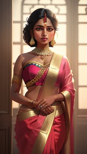  a indian girl, wearing georgette saree, standing pose, brown skin, hyperrealistic, high quality, highly detailed, perfect lighting, intricate, sharp focus, f/1. 8, 85mm, (centered image composition), (professionally color graded), ((bright soft diffused light)), trending on instagram, HDR 4K, 8K