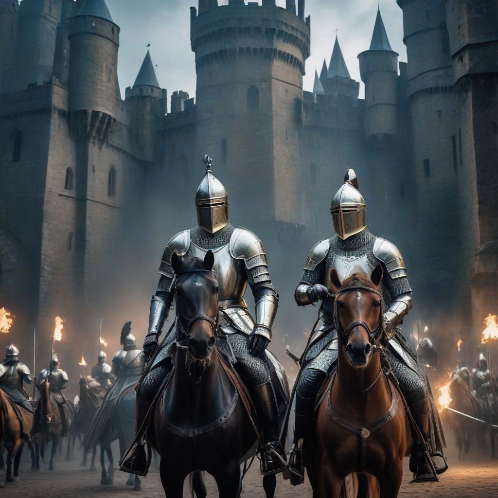  "Knight's tournament, two knights on horses with lances stand face to face, in the background are the spires of a castle, clear depiction of details, double exposure, epic, starry vortex, painting, high resolution, beautifully framed, depth of field, many details, dark tones, bright colors, hyperrealistic, ultra HD, fantasy art, 30mm lens, 1/250s, f/2.8, ISO 100, 4k." Here is the translation of the given prompt to English. It describes a scene of a knightly tournament with two knights on horses, who are facing each other with their lances. The background showcases the impressive spires of a castle. The details of the scene are clearly defined, with double exposure being used to create a contrast and depth. The overall tone of the work is e hyperrealistic, full body, detailed clothing, highly detailed, cinematic lighting, stunningly beautiful, intricate, sharp focus, f/1. 8, 85mm, (centered image composition), (professionally color graded), ((bright soft diffused light)), volumetric fog, trending on instagram, trending on tumblr, HDR 4K, 8K