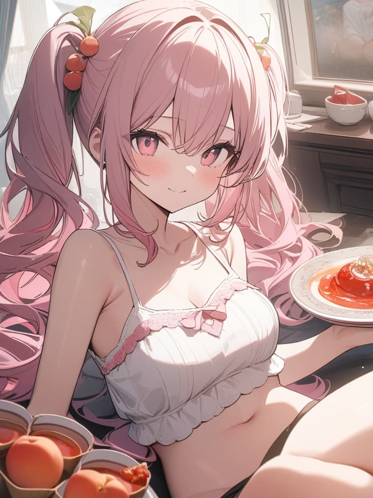  Cute, , thin body, fluffy hair, fluffy long hair, twin tails, pink hair color, pink eyes, sauce, peach decoration, smiles, ssiere, stomach, , camisole, big s, big s. room, masterpiece, best quality,8k,ultra detailed,high resolution,an extremely delicate and beautiful,hyper detail