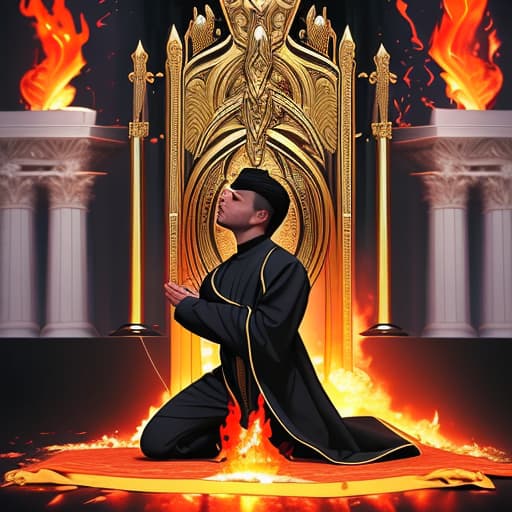  An image of a man kneeling in front of the throne of God is baptized by the fire of God and is not consumed.