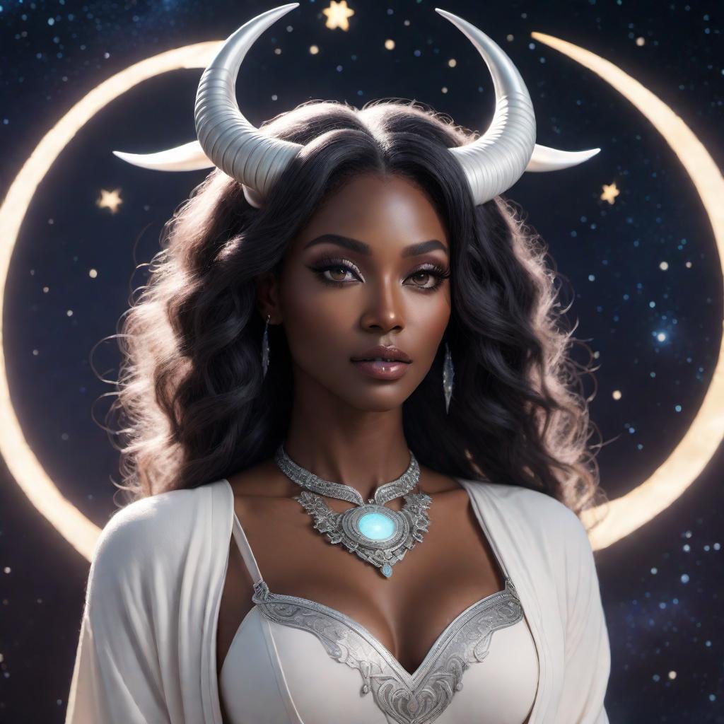  A black female Capricorn fantasy character with horns, illustrated in a lofi style. The character should have a serene, almost ethereal presence, with cosmic elements like stars and a crescent moon incorporated into the background. The color palette should include soft, muted tones with a dreamy, nostalgic aesthetic. The overall mood should be relaxing and calming, embodying the chill vibes typical of lofi art. hyperrealistic, full body, detailed clothing, highly detailed, cinematic lighting, stunningly beautiful, intricate, sharp focus, f/1. 8, 85mm, (centered image composition), (professionally color graded), ((bright soft diffused light)), volumetric fog, trending on instagram, trending on tumblr, HDR 4K, 8K