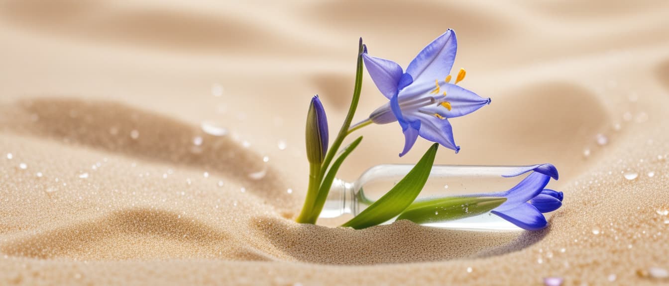  Macro Photography, Beach summer panoramic background with Bluebell flower on the cristal sand and glory water, close up, macro 100mm, macro photography