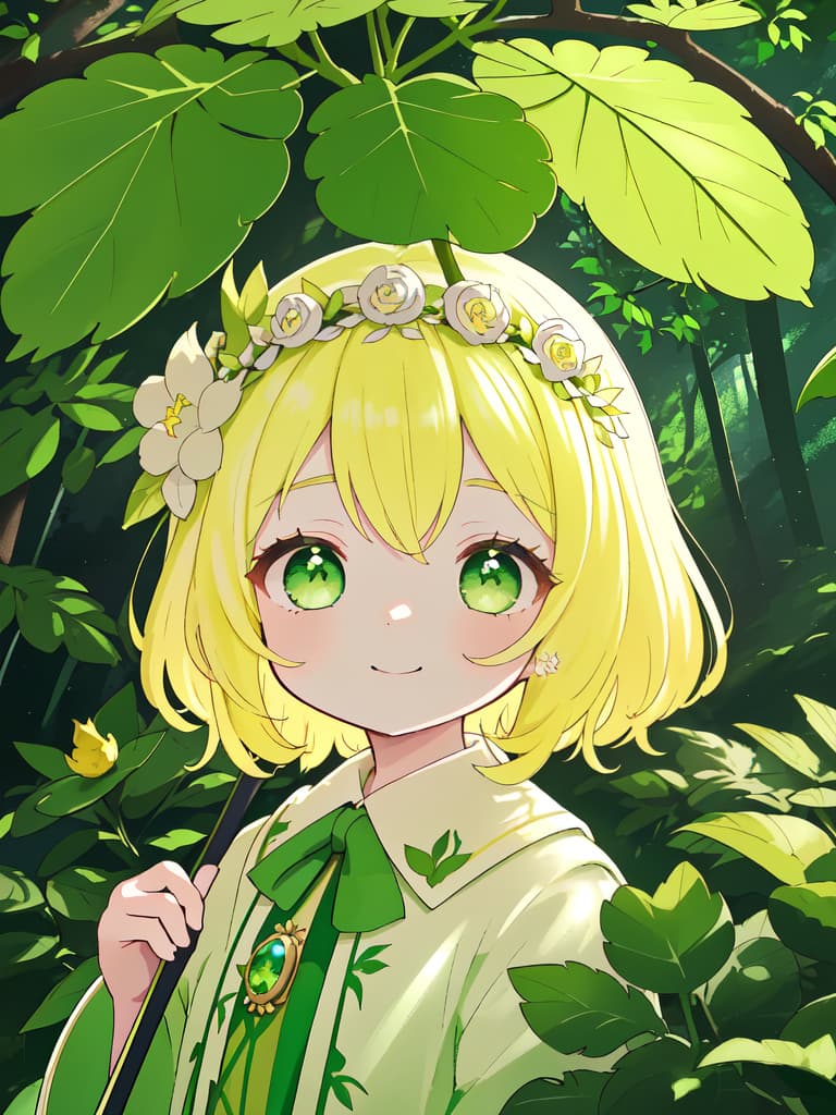  ((Forest,forest fairy,cute,beautiful , hair,ids,flower crown,green eyes,)),using a large leaf as an umbrella,dwarf,in the forest,erfly,cute,contrast,European style green dress,ultra detailed,best shadow,cute and beautiful face,(masterpiece:1.2),(best quality:1.2),detailed background,high contrast,(best illumination,an extremely delicate and beautiful),((cinematic light)),hyper detail,dramatic light,intricate details,8k,anime,very aesthetic、,yellow hair,dwarf,miniature ,using leaf as umbrella,smiling, masterpiece, best quality,8k,ultra detailed,high resolution,an extremely delicate and beautiful,hyper detail