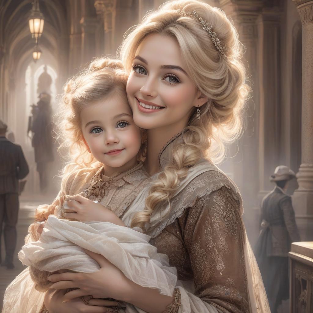  A portrait of a smiling young woman and a child, both with fair hair and dressed in vintage attire, exuding warmth and affection A pencil and charcoal drawing portrait of a beautiful girl, with big brown sparkling eyes, slight beautiful smile,fanciful vintage clothes, blond messy hairstyle, holding his little baby sister in her arms with intricate details and precisely drawn drawing hyperrealistic, full body, detailed clothing, highly detailed, cinematic lighting, stunningly beautiful, intricate, sharp focus, f/1. 8, 85mm, (centered image composition), (professionally color graded), ((bright soft diffused light)), volumetric fog, trending on instagram, trending on tumblr, HDR 4K, 8K