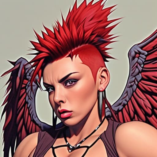  Woman with red Mohawk big muscles and wings