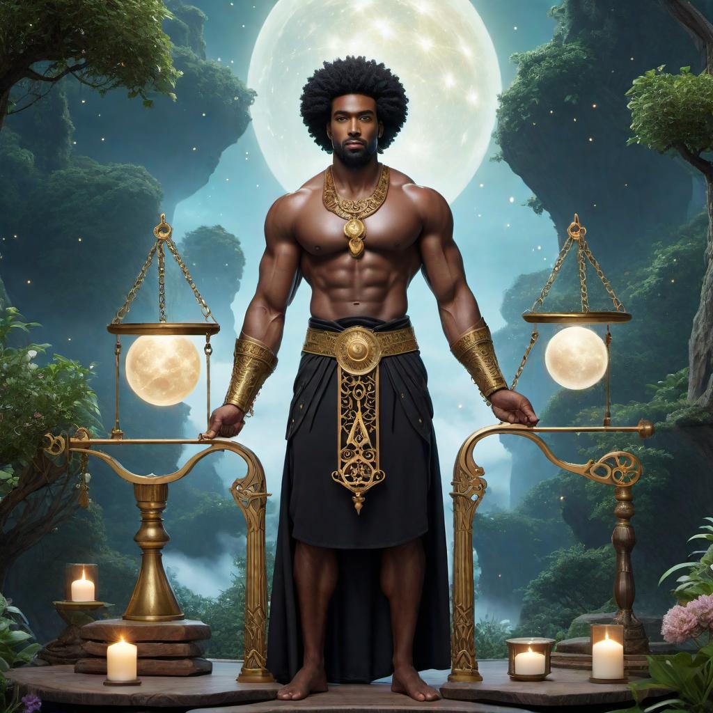  Enchanting black male holding a scale as a symbol of balance in the sign of Libra zodiac, lofi fantasy style. The character should have a harmonious and balanced appearance, with soft, dreamy, and relaxed lofi elements. Include celestial or cosmic background details to create an enchanting atmosphere. hyperrealistic, full body, detailed clothing, highly detailed, cinematic lighting, stunningly beautiful, intricate, sharp focus, f/1. 8, 85mm, (centered image composition), (professionally color graded), ((bright soft diffused light)), volumetric fog, trending on instagram, trending on tumblr, HDR 4K, 8K