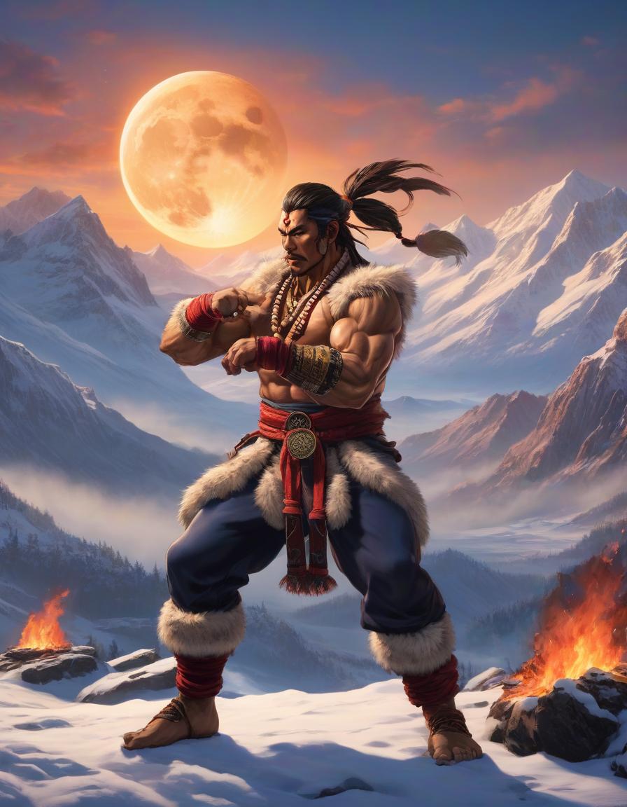  Street Fighter style Yamal shaman with a tambourine performing a ritual dance by the fire. evening, moon, Snow capped mountains in the background . vibrant, dynamic, arcade, 2D fighting game, highly detailed, reminiscent of Street Fighter series hyperrealistic, full body, detailed clothing, highly detailed, cinematic lighting, stunningly beautiful, intricate, sharp focus, f/1. 8, 85mm, (centered image composition), (professionally color graded), ((bright soft diffused light)), volumetric fog, trending on instagram, trending on tumblr, HDR 4K, 8K