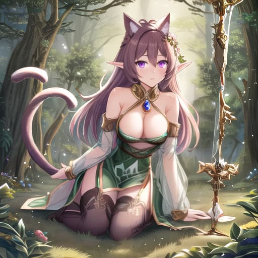  Cat girl, purple eyes, brown hair and elf costume, puff tail in a forest hyperrealistic, full body, detailed clothing, highly detailed, cinematic lighting, stunningly beautiful, intricate, sharp focus, f/1. 8, 85mm, (centered image composition), (professionally color graded), ((bright soft diffused light)), volumetric fog, trending on instagram, trending on tumblr, HDR 4K, 8K