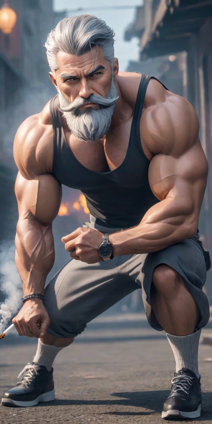  beard, muscles, gray hair, gangster, smoking hyperrealistic, full body, detailed clothing, highly detailed, cinematic lighting, stunningly beautiful, intricate, sharp focus, f/1. 8, 85mm, (centered image composition), (professionally color graded), ((bright soft diffused light)), volumetric fog, trending on instagram, trending on tumblr, HDR 4K, 8K