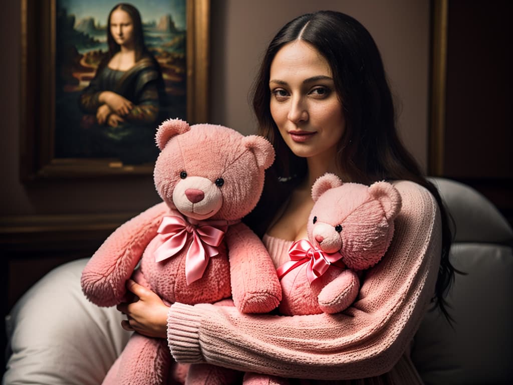  Mona Lisa ,hugging a pink teddy bear hyperrealistic, full body, detailed clothing, highly detailed, cinematic lighting, stunningly beautiful, intricate, sharp focus, f/1. 8, 85mm, (centered image composition), (professionally color graded), ((bright soft diffused light)), volumetric fog, trending on instagram, trending on tumblr, HDR 4K, 8K