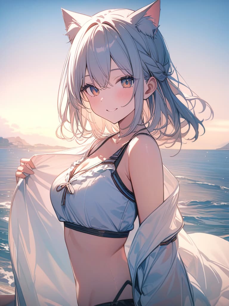  Summer, sea, swimwear, woman, cute, smile, cat ears, masterpiece, best quality,8k,ultra detailed,high resolution,an extremely delicate and beautiful,hyper detail