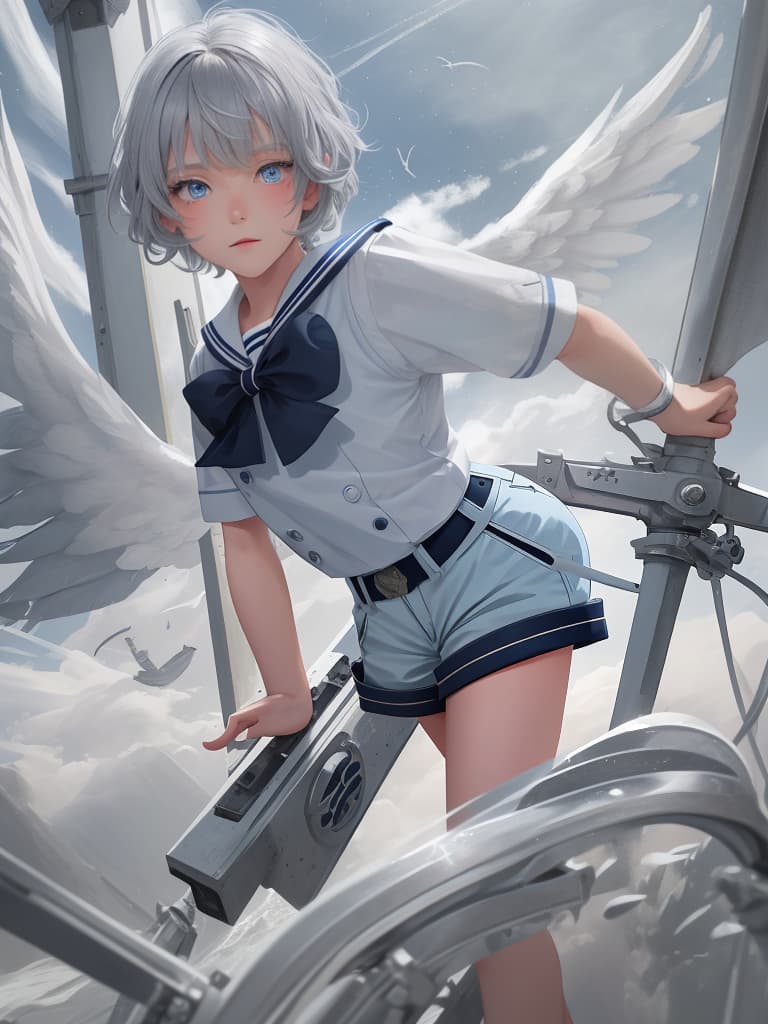  Gray hair, blue eyes, angels, sailor uniforms, cute, short hair, shorts, , face, boy, elementary student, masterpiece, best quality,8k,ultra detailed,high resolution,an extremely delicate and beautiful,hyper detail