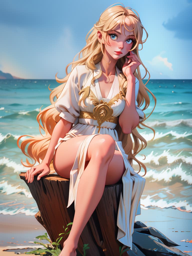  award winning, professional, highly detailed, breathtaking sea nymph, lyre stringed harp, instrument, sitting, rock, ocean spray, lightning, storm, ocean storm, driftwood, toga, angelic, sea front view, , , photorealistic, raw photo, (1girl, looking at viewer), long hair, blond, oasis, barefoot, eyeshadow, witch, maiden, songstress, fins, translucent white toga, bikini, intricate dress, delicate wood filigree, intricate filigree, pearl metalic parts, detailed part, dynamic pose, detailed background, dynamic lighting,(textured skin:1.3)