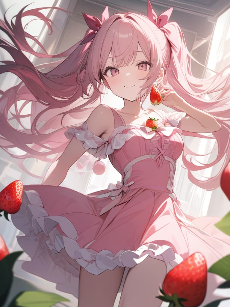  Cute, , big eyes, thin body, fluffy hair, exposure, strawberry, smiles, big s, long hair, peach, pink frill dress, exposure, pink pink, pink hair color, , , twin tails, ribbon, masterpiece, best quality,8k,ultra detailed,high resolution,an extremely delicate and beautiful,hyper detail