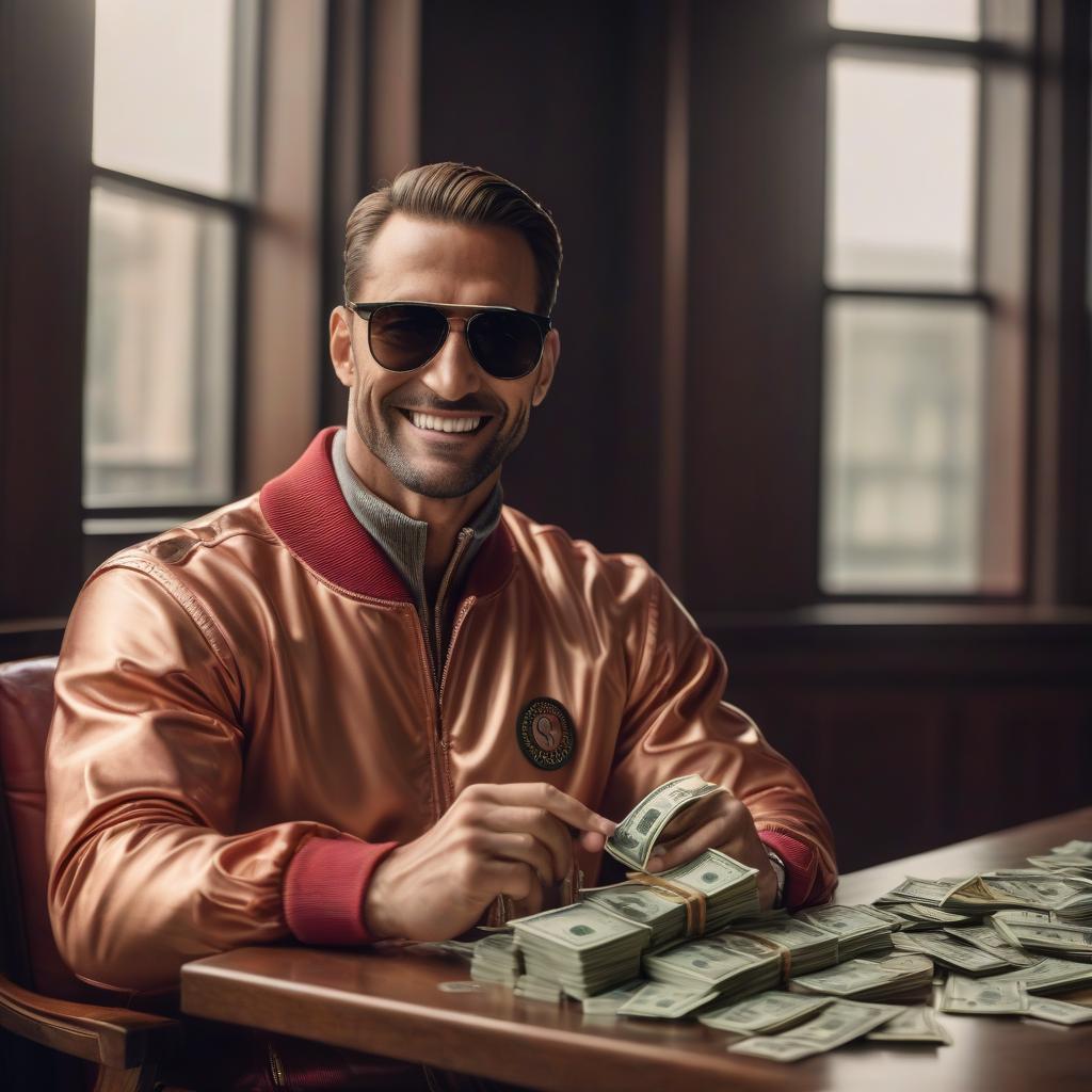  cinematic film still A man in a Gucci tracksuit and black sunglasses sits at a table and counts money in his hands and smiles . shallow depth of field, vignette, highly detailed, high budget, bokeh, cinemascope, moody, epic, gorgeous, film grain, grainy hyperrealistic, full body, detailed clothing, highly detailed, cinematic lighting, stunningly beautiful, intricate, sharp focus, f/1. 8, 85mm, (centered image composition), (professionally color graded), ((bright soft diffused light)), volumetric fog, trending on instagram, trending on tumblr, HDR 4K, 8K