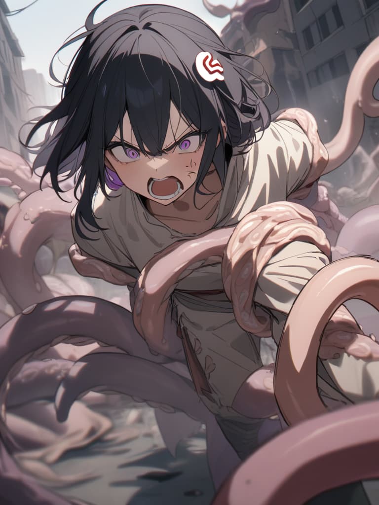  Tentacle Background,Manipulate the tentacles,((Tentacles coming out of the back,beige Tentacles,beige feeler,beige sharp tentacle))1.8,((Anger,screaming,hatred))1.2,murderous intent,mouths open,running,tattered clothes,rubble,collapsed buildings,cool girl,Black hair,(purple eyes),short,cropped hair,crescent moon hair ornament, masterpiece, best quality,8k,ultra detailed,high resolution,an extremely delicate and beautiful,hyper detail