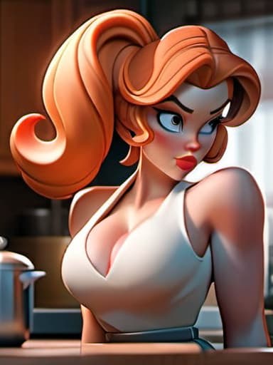  A picture of a beautiful woman with large firm natural tits and a big sexy ass, hair up in a bun , in the kitchen ,hair lightly softly cascading around her face, highly detailed face, highest possible detail, cartoon, masterpiece, best quality