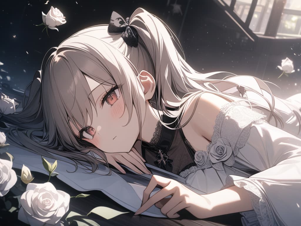  Girls, hair color beige, gothic fashion with a lot of red, white frills, many white roses, white roses, stars, fleeting, light, twin tails, lying down, masterpiece, best quality,8k,ultra detailed,high resolution,an extremely delicate and beautiful,hyper detail