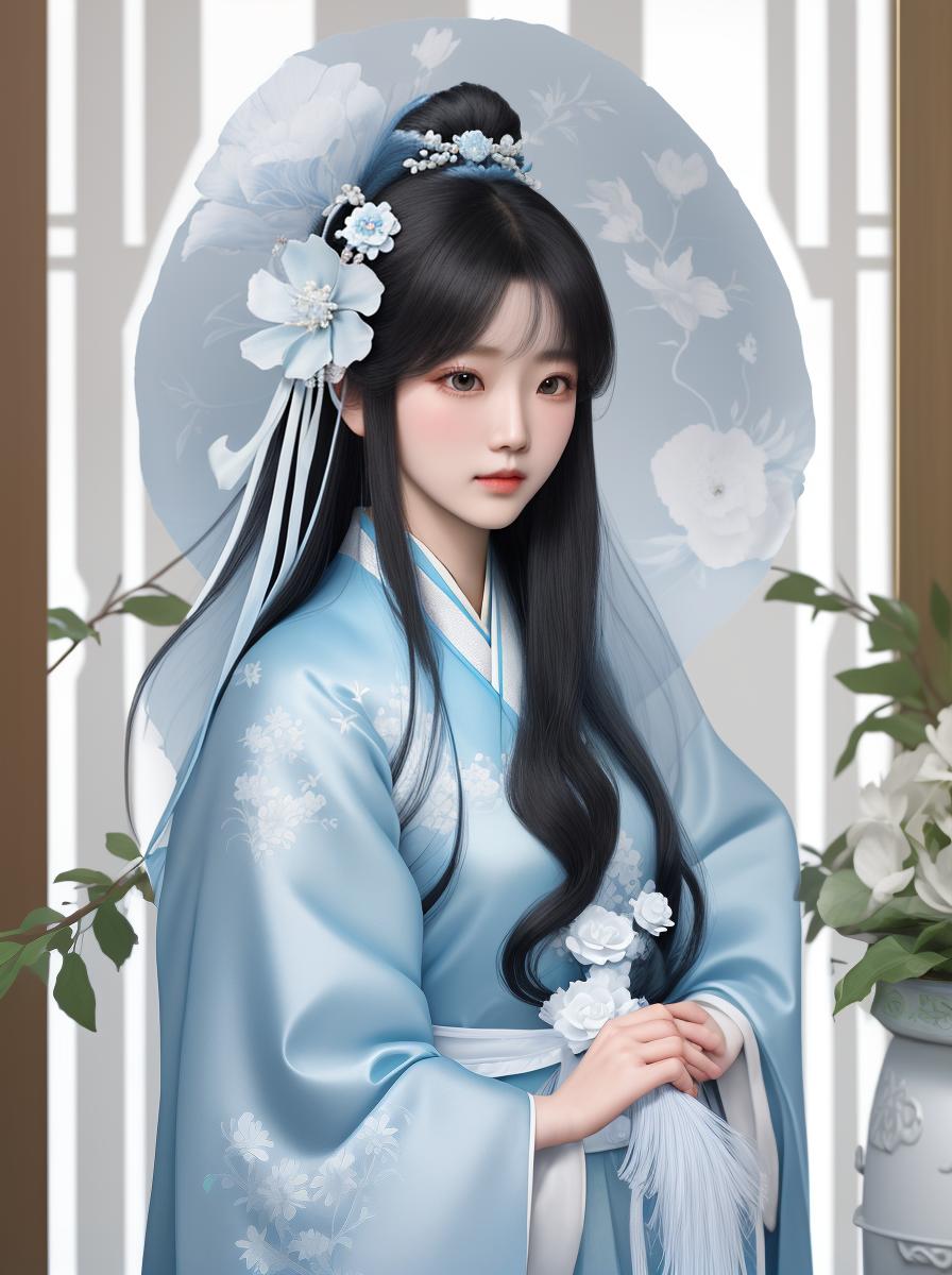  masterpiece, best quality, (Fidelity: 1.4), Best Quality, Masterpiece, Ultra High Resolution, Poster, Fantasy Art, Very Detailed Faces, 8k resolution, Chinese Style, An woman, Side Face, Quiet, Light Blue Hanfu, Tulle Coat, Long Black Hair, Light Blue Fringed Hair Ornament, Hairpin, White Ribbon, White Flower Bush, Light Blue Butterfly Flying, cinematic lighting effects