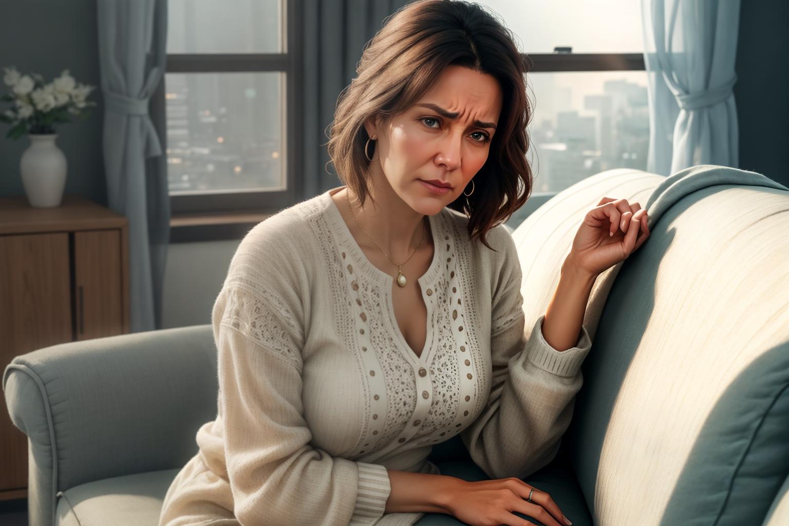  "Realistic close up of a middle aged woman clutching her stomach in pain, seated on a neutral toned couch in a modest living room. Her expression shows discomfort, hinting at internal distress. The background is softly blurred to keep the focus on her. The lighting is natural, coming from a nearby window, casting a gentle glow on her face. The scene is detailed, capturing the texture of her clothing and the subtle lines of worry on her face. The image is high quality, with a realistic style to evoke empathy and awareness about the early symptoms of stomach cancer."Ensure no face,leg,hand or eye defomities.Ensure all images are clear, detailed, contains no text and no deformities. realistic, highly detailed, photorealistic, cinematic lightin hyperrealistic, full body, detailed clothing, highly detailed, cinematic lighting, stunningly beautiful, intricate, sharp focus, f/1. 8, 85mm, (centered image composition), (professionally color graded), ((bright soft diffused light)), volumetric fog, trending on instagram, trending on tumblr, HDR 4K, 8K