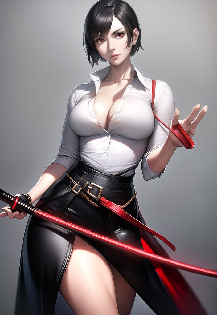  black hair, very short hair, woman, older sister, mature, white dress shirt, red corset, black leather pants, long Japanese sword, muscular, accurate eyes, accurate hands, Japanese armor on shoulders and arms, (Masterpiece, BestQuality:1.3), (ultra detailed:1.2), (hyperrealistic:1.3), (RAW photo:1.2),High detail RAW color photo, professional photograph, (Photorealistic:1.4), (realistic:1.4), ,professional lighting, (japanese), beautiful face, (realistic face)