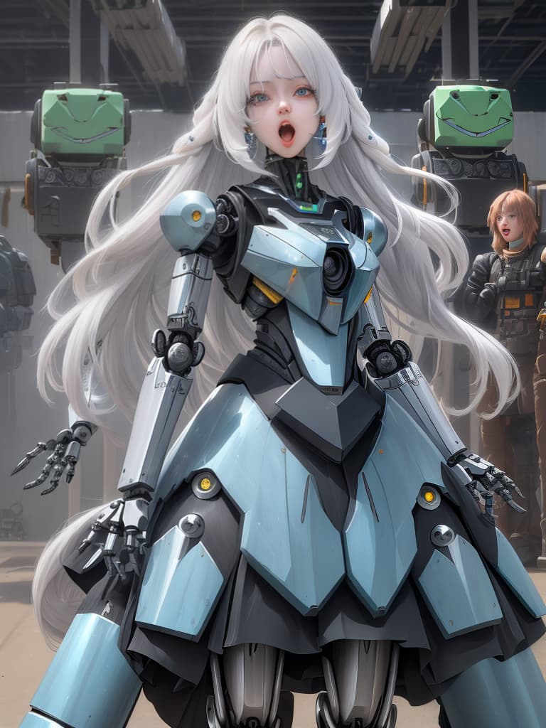  Long straight hair, (((Surprised Wide Open Mouth, Robot Girl Looking at Her Hands))), (Mechanical Body, Mechanical Limbs, ), 💩, 💩, 💩, 💩, 💩, 💩, 💩,, masterpiece, best quality,8k,ultra detailed,high resolution,an extremely delicate and beautiful,hyper detail