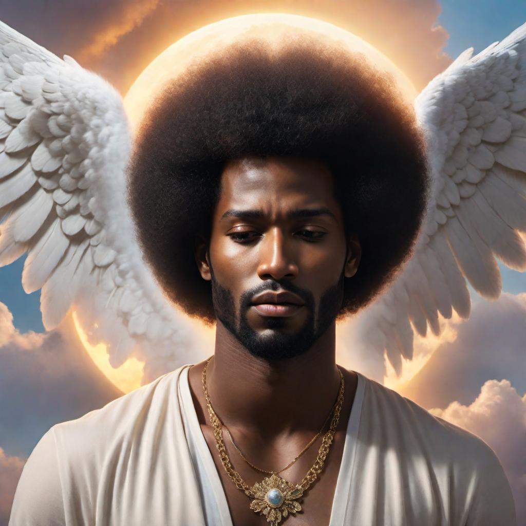  A black man with an Afro, crying with angels behind him comforting him. The angels should look ethereal, with soft glowing auras, gently placing their hands on his shoulders. The background should have a serene and calm atmosphere, possibly with soft, pastel-colored clouds and light rays breaking through. The overall mood should convey solace and comfort amidst sorrow. hyperrealistic, full body, detailed clothing, highly detailed, cinematic lighting, stunningly beautiful, intricate, sharp focus, f/1. 8, 85mm, (centered image composition), (professionally color graded), ((bright soft diffused light)), volumetric fog, trending on instagram, trending on tumblr, HDR 4K, 8K