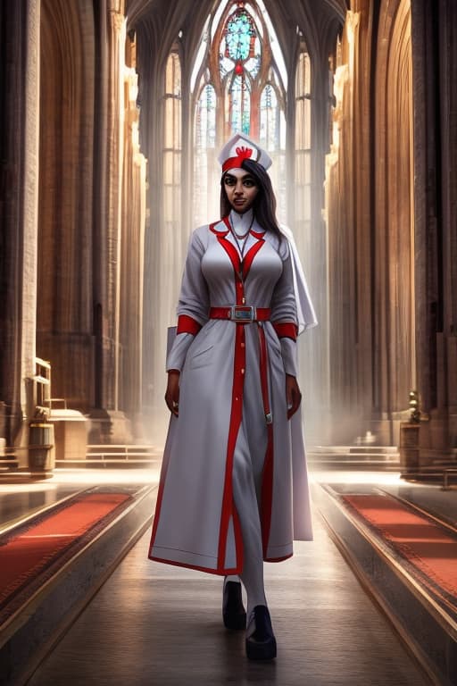  Nurse climbing the Cologne Cathedral hyperrealistic, full body, detailed clothing, highly detailed, cinematic lighting, stunningly beautiful, intricate, sharp focus, f/1. 8, 85mm, (centered image composition), (professionally color graded), ((bright soft diffused light)), volumetric fog, trending on instagram, trending on tumblr, HDR 4K, 8K