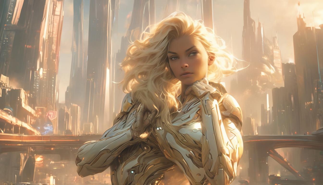  hyperrealism,fantasy aesthetic1woman, large busted attractive blonde arian female humanoid, offering hand to alien, futuristic cityscape, bridge of connection, kindness, mutual respect, diverse beings, high tech clothing clad in sleek, futuristic costume with metallic accents and form fitting designs, marvel superhero comics style, unreal engine rendering