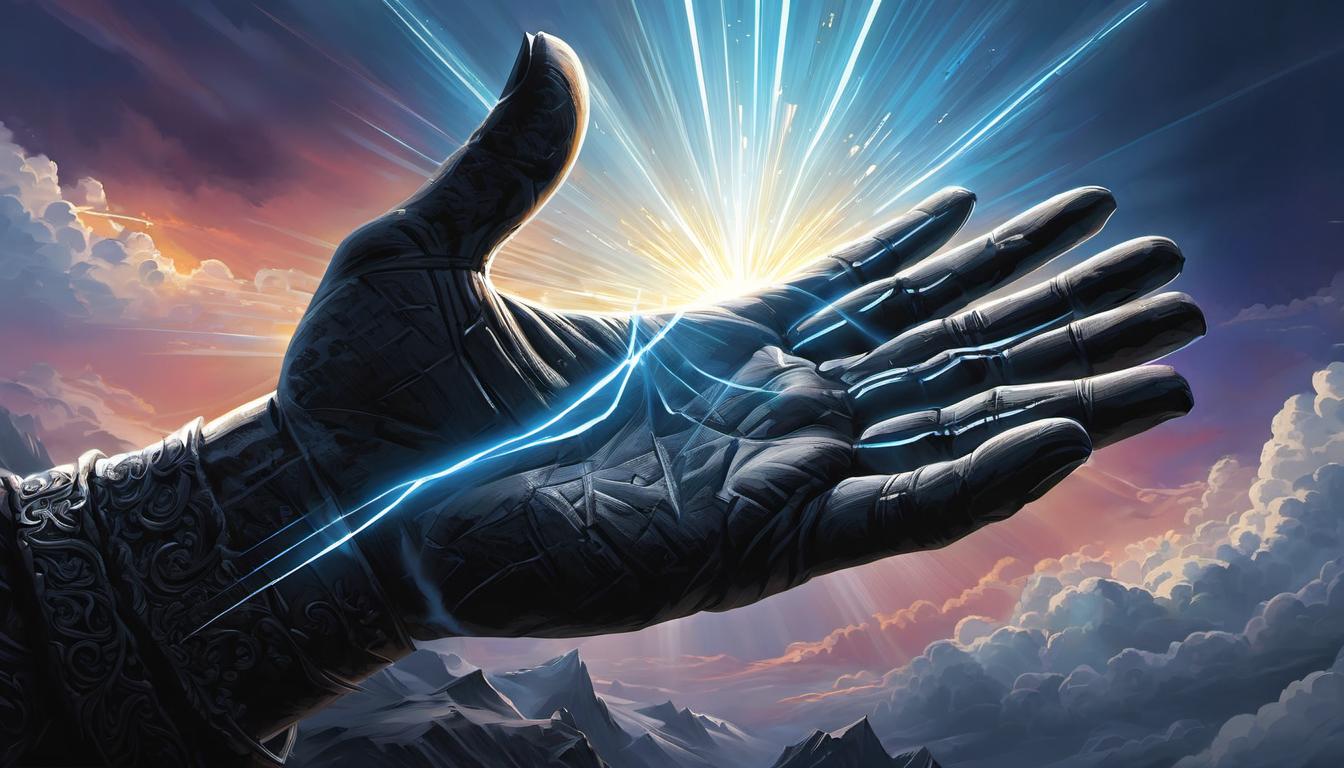  digital painting of a majestic hand descending from the sky with luminescent rays, divine presence, awe inspiring, immediate retribution, profound impact looking at viewer, dynamic pose, (intricate details, masterpiece, best quality)