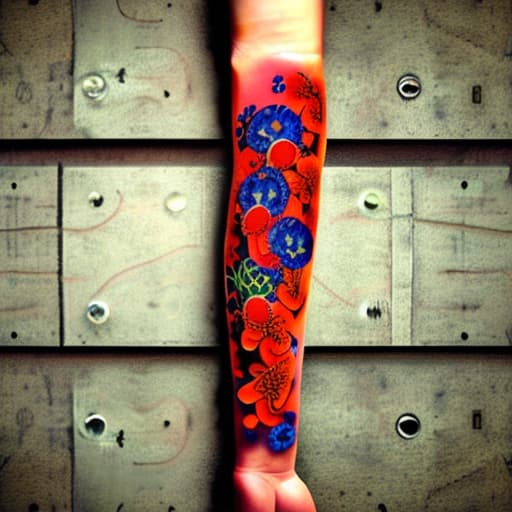 wa-vy style Arm tattoo of Various bright red orange and blue flowers growing along a vine steampunk style