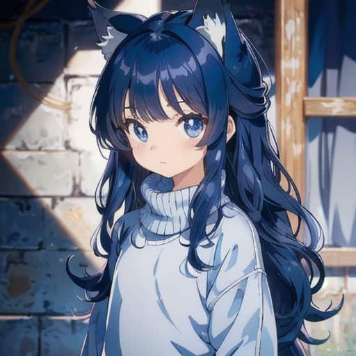  master piece , best quality,anime, girl, detailed, dark blue hair, wolf ears, long wavy hair, bangs hiding one eye, baggy knitted sweater, light blue eyes, child like